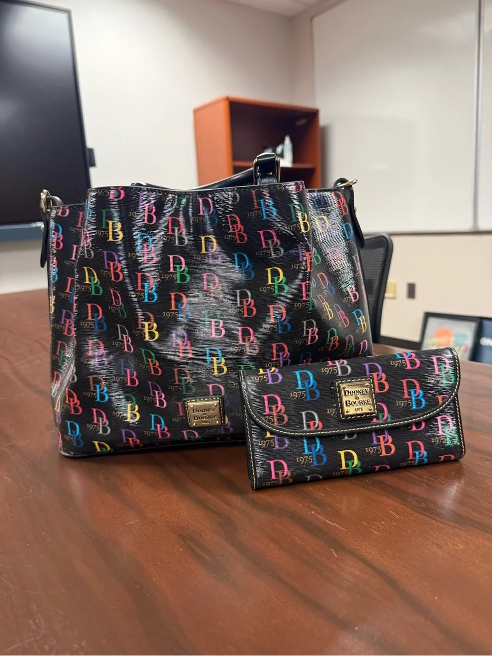 Dooney & Bourke Black Multicolor DB Logo Tote with Matching Wallet Set